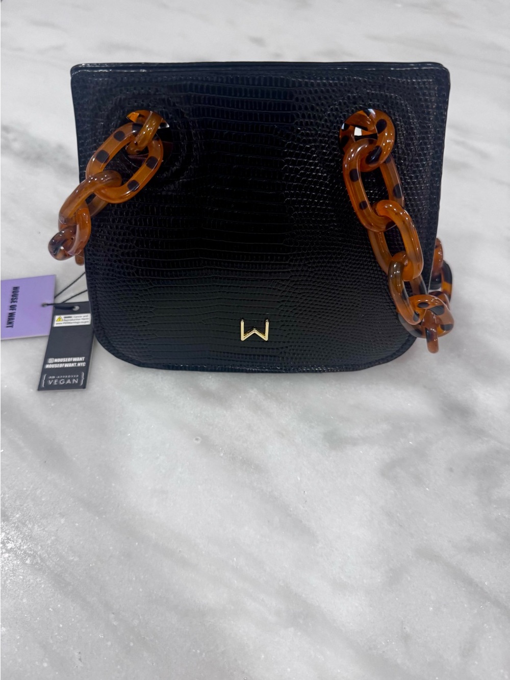 House of Want Black Croc Embossed Bag Tortoise Chunky Chain Shoulder Purse
